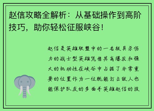 赵信攻略全解析：从基础操作到高阶技巧，助你轻松征服峡谷！